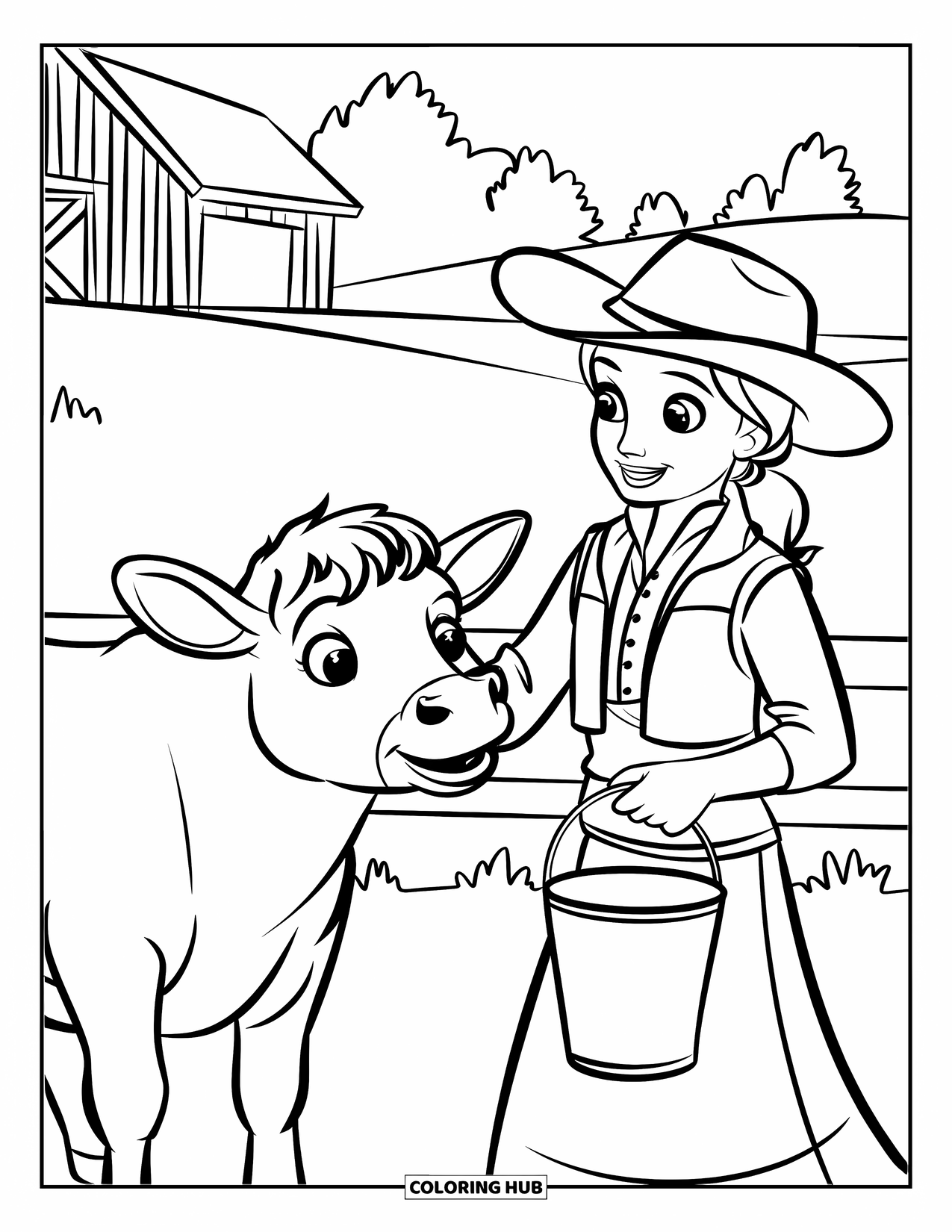 Cow Girl Coloring Page for Kids: A cowgirl stands on a platform, feeding a cow near a red barn