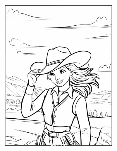 Cowgirl-målarbild för barn: En cowgirl står på stenig mark och justerar sin hatt i vinden