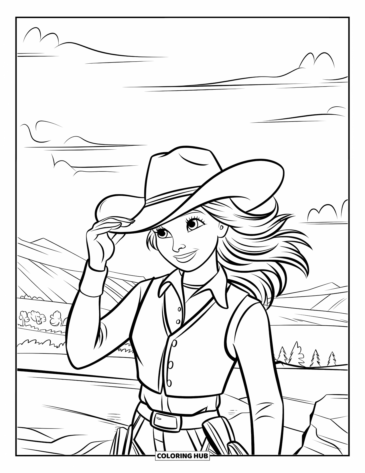 Cow Girl Coloring Page for Kids: A cowgirl stands on rocky ground, adjusting her hat in the breeze
