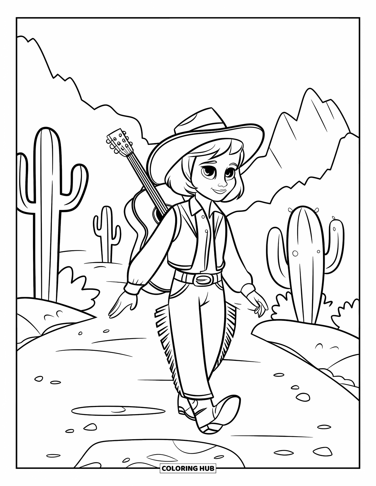 Cow Girl Coloring Page for Kids: A cowgirl walks a dusty path, guitar on her back and mountains ahead