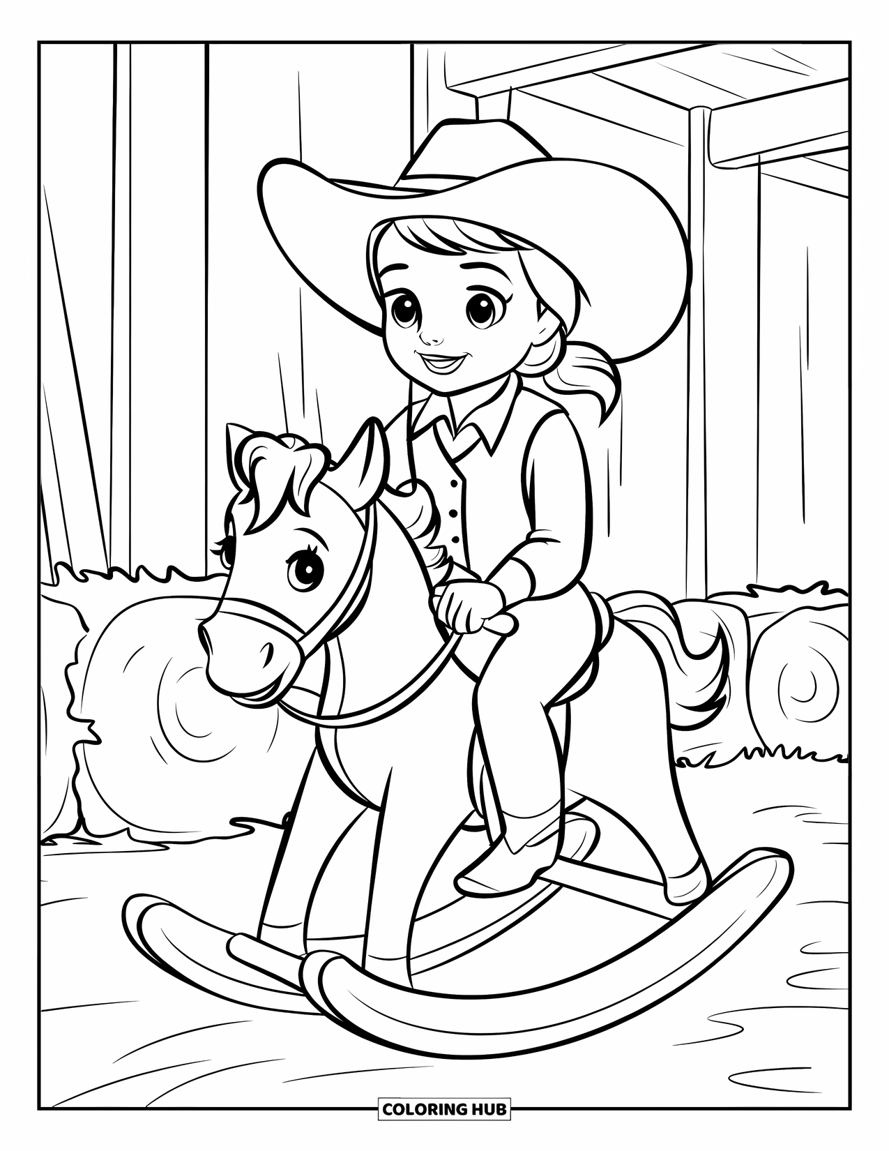 Cow Girl Coloring Page for Kids: A happy cowgirl rides a rocking horse inside a cozy barn with hay