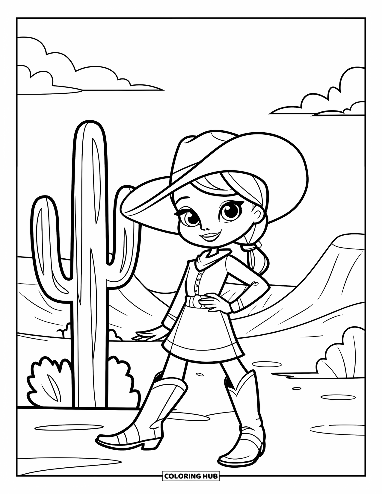 Cow Girl Coloring Page for Kids: A happy cowgirl stands by a cactus in a warm desert with soft hills
