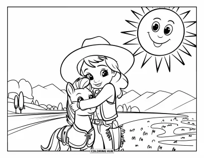 Cowgirl-målarbild för barn: En liten cowgirl kramar sin ponny medan solen ler uppifrån