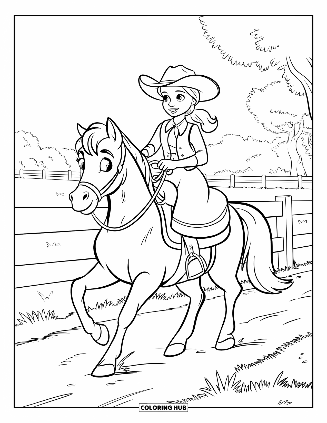 Cow Girl Coloring Page for Kids: A smiling cowgirl rides her pony through a field and wooden fence