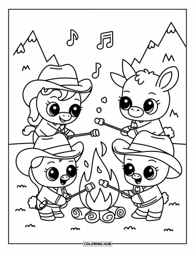 Coloriage de cowboys pour adultes : Un lapin, un poney et un veau font griller des guimauves autour d'un feu de camp chaleureux sous un ciel paisible
