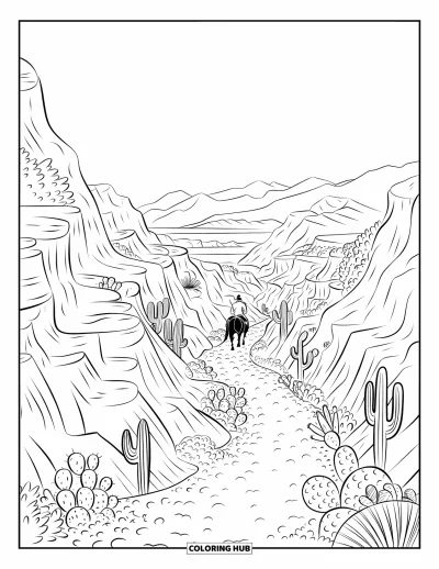Coloriage de cowboys pour adultes : Un sentier de canyon serpente entre des cactus et des rochers tandis qu'un cavalier lointain traverse le désert