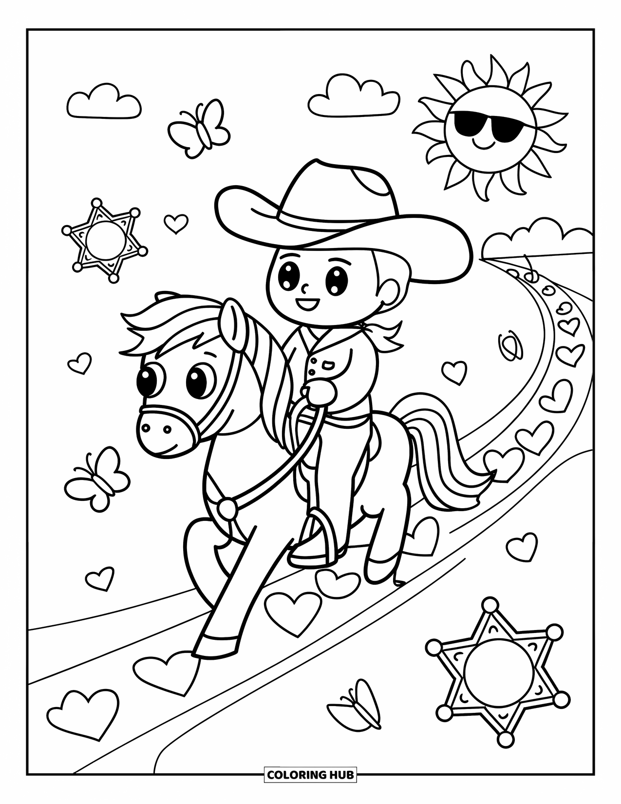 Cowboy Coloring Page for Adults: A cheerful cowboy and pony ride past hearts, stars, badges, and a smiling sun