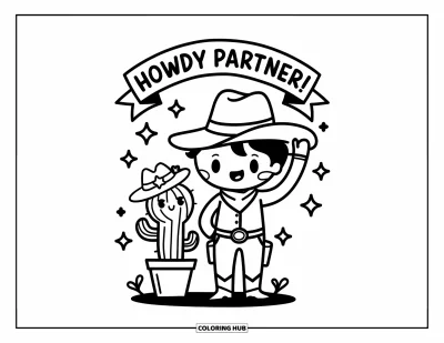 Coloriage de cowboys pour adultes : Un cowboy enjoué fait signe à côté d'un cactus heureux portant un mini chapeau