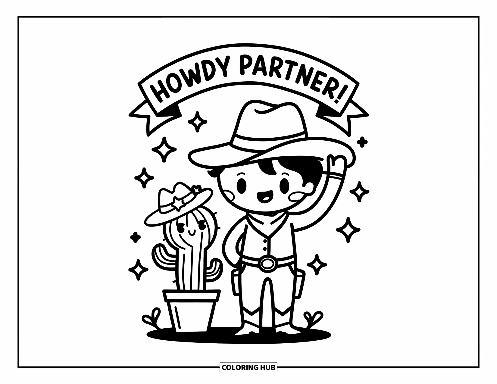 Cowboy Coloring Page for Adults: A cheerful cowboy waves next to a happy cactus wearing a mini hat