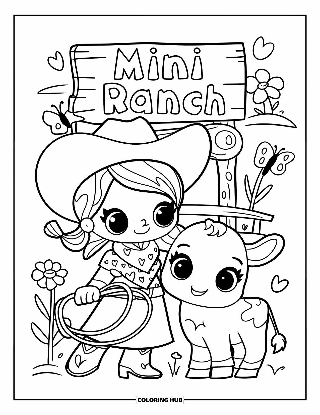 Cowboy Coloring Page for Adults: A cheerful cowgirl and calf smile beside flowers and a sign that reads "Mini Ranch"