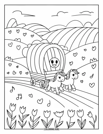 Coloriage de cowboys pour adultes : Un joyeux chariot est tiré par des poneys à travers des collines fleuries avec de la musique et des cœurs