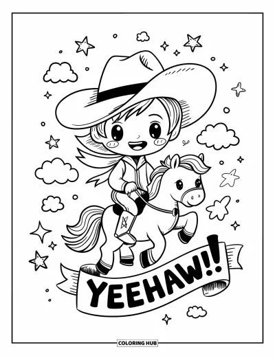 Coloriage de cowboys pour adultes : Un cowboy chibi aux grandes bottes monte un minuscule poney sous des étoiles, des nuages et un « Yeehaw ! »