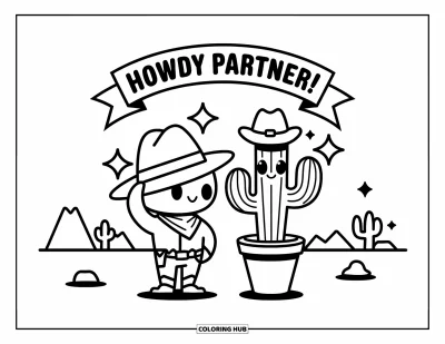 Coloriage de cowboys pour adultes : Un cowboy et un cactus joyeux font signe sous une banderole « Howdy Partner ! » avec des scintillements