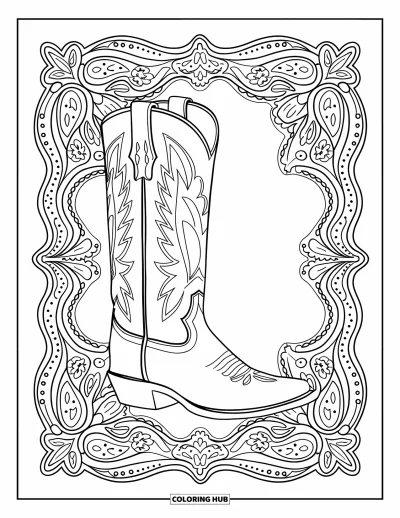 Coloriage de cowboys pour adultes : Une botte de cowboy est encadrée par de délicats motifs cachemire dans une composition élégante et détaillée