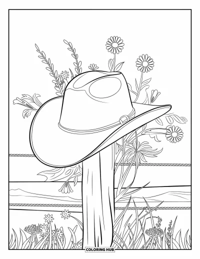 Coloriage de cowboys pour adultes : Un chapeau de cowboy et une corde reposent sur un poteau de clôture entouré de petites fleurs sauvages