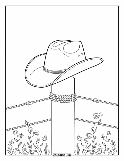 Coloriage de cowboys pour adultes : Un chapeau de cowboy repose sur un poteau de clôture avec des fleurs sauvages et une corde enroulée autour