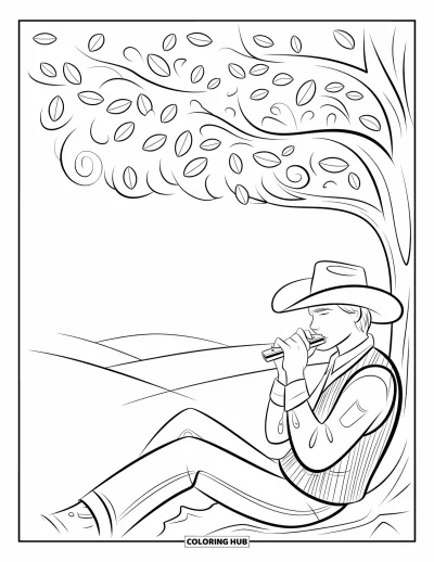 Coloriage de cowboys pour adultes : Un cowboy avec un chapeau joue de l'harmonica sous un arbre aux branches sinueuses avec des collines au loin