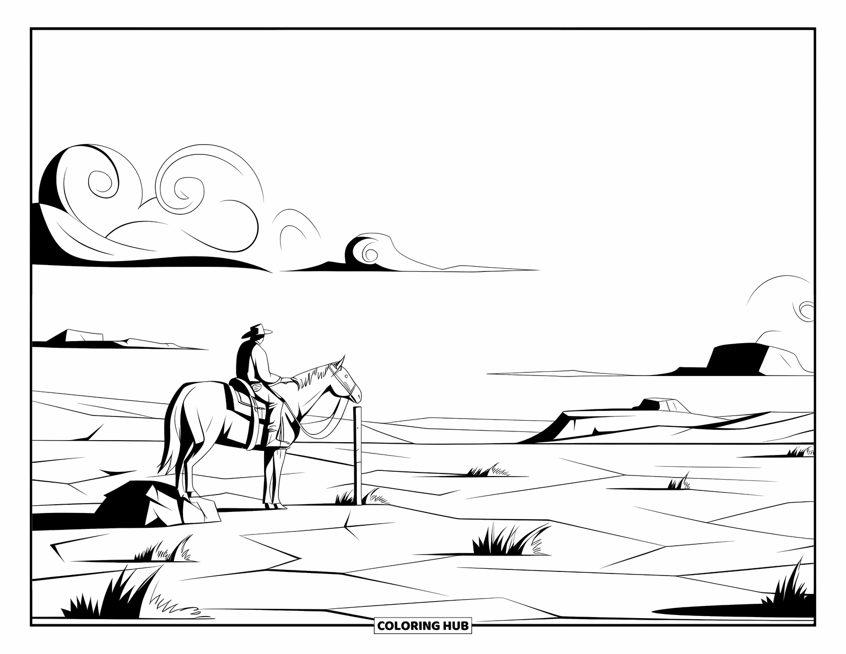 Cowboy Coloring Page for Adults: A cowboy looks into the distance as his horse stands nearby in a desert mesa