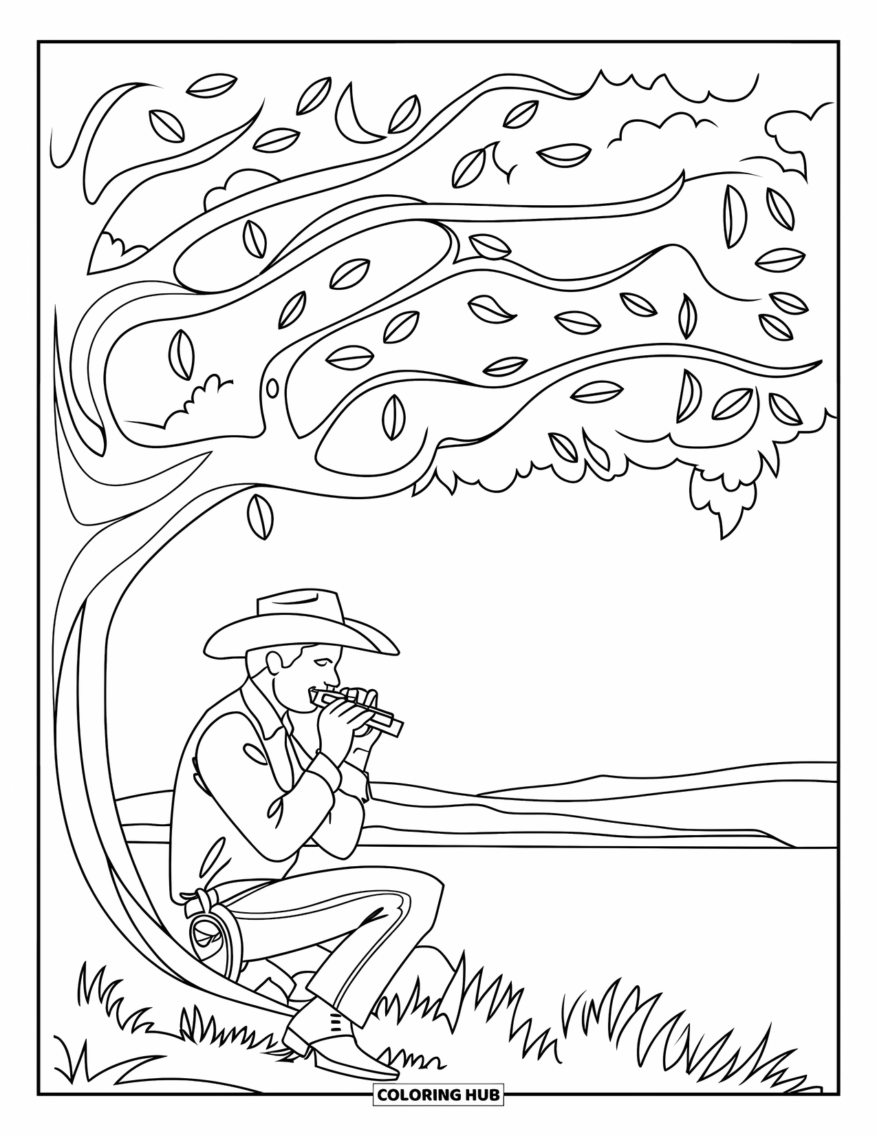 Cowboy Coloring Page for Adults: A cowboy plays his harmonica under a tree with swirling leaves and distant mountains