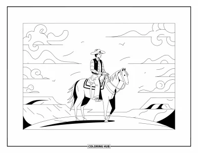 Coloriage de cowboys pour adultes : Un cowboy traverse une mesa désertique à cheval avec des nuages et des crêtes lointaines derrière lui