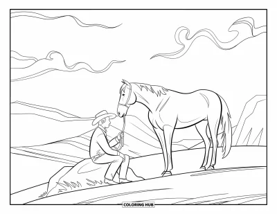 Coloriage de cowboys pour adultes : Un cowboy est assis près de son cheval sur une mesa désertique paisible sous des nuages ondulants