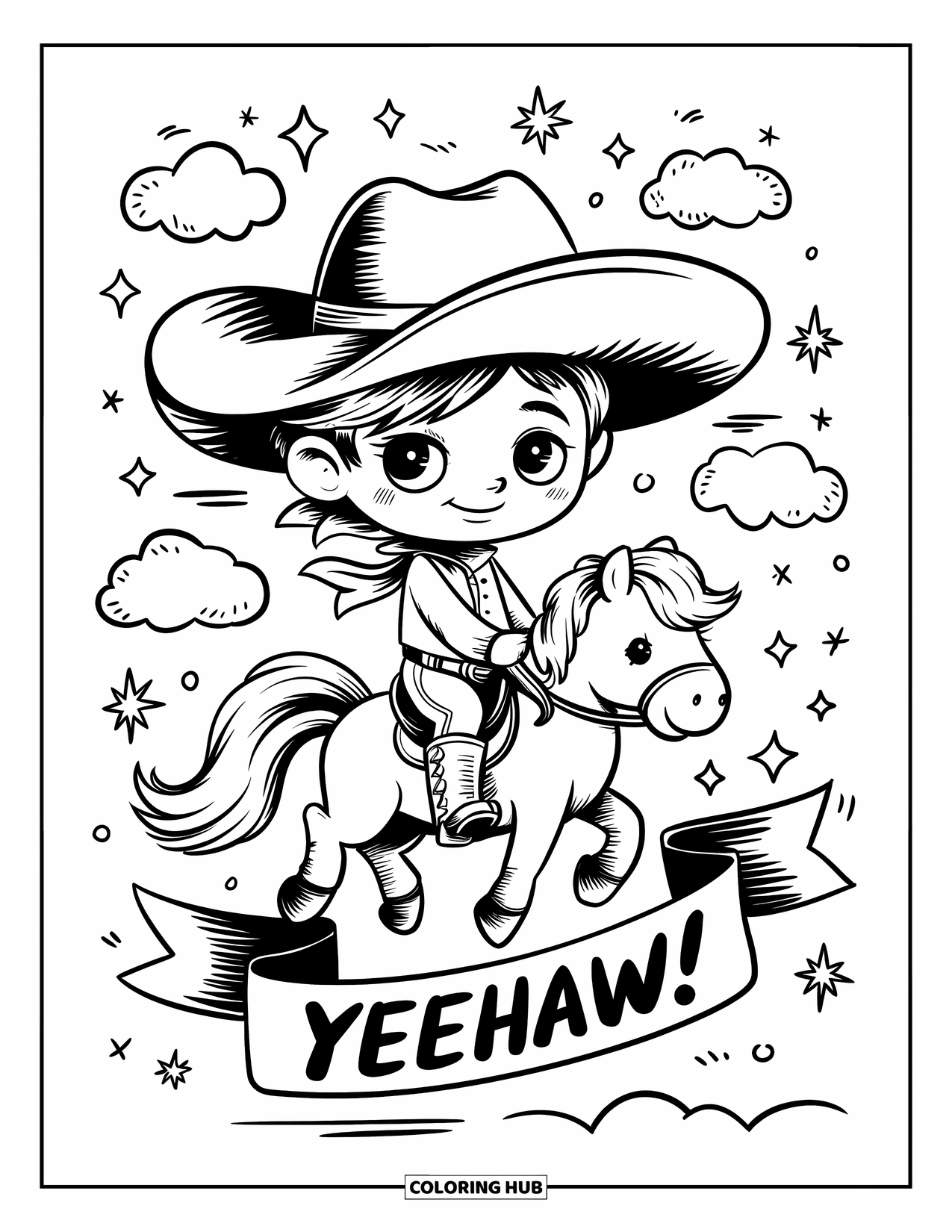 Cowboy Coloring Page for Adults: A cowboy with a wide hat rides a tiny pony through sparkles and floating clouds