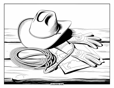 Coloriage de cowboys pour adultes : L'équipement d'un cowboy est soigneusement disposé sur des planches de bois texturées