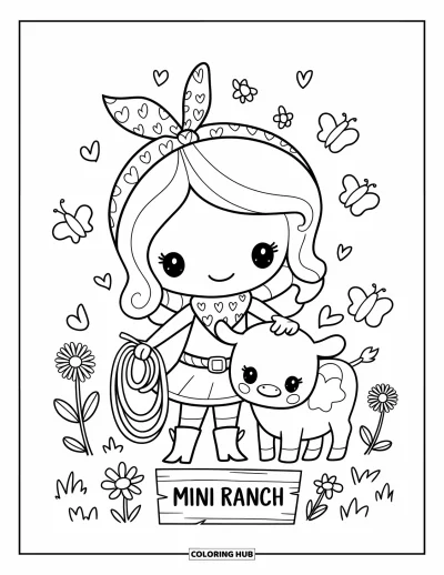 Coloriage de cowboys pour adultes : Une cowgirl avec un bandana à cœurs se tient près d'un veau souriant à côté d'une pancarte « Mini Ranch »