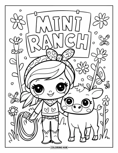 Coloriage de cowboys pour adultes : Une cowgirl avec un bandana à cœurs se tient près d'un veau souriant à côté d'une pancarte « Mini Ranch »