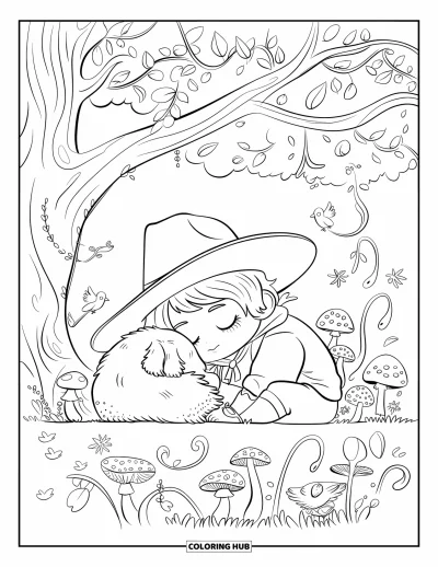 Coloriage de cowboys pour adultes : Un adorable cowboy et son chien font une sieste sous un arbre entouré de champignons et de douces lianes