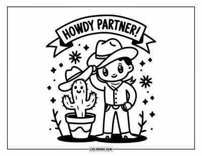 Coloriage de cowboys pour adultes : Un adorable cowboy soulève son chapeau près d'un cactus souriant entouré de scintillements et d'une banderole