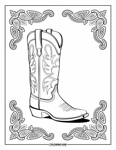 Coloriage de cowboys pour adultes : Une botte de cowboy détaillée est entourée de tourbillons de motifs cachemire façon bandana
