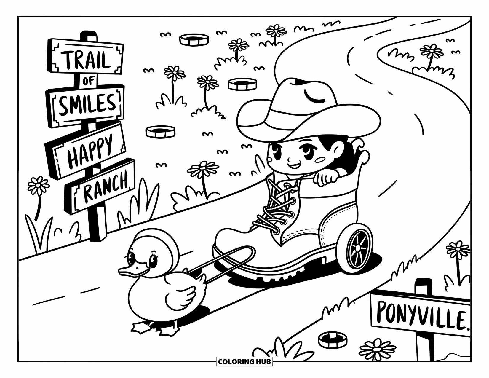 Cowboy Coloring Page for Adults: A duck pulls a boot wagon with a cheerful cowboy past cute ranch signs and flowers