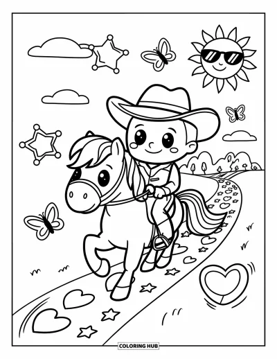 Coloriage de cowboys pour adultes : Un cowboy sympathique descend un sentier en forme de cœur sur son poney sous un soleil souriant