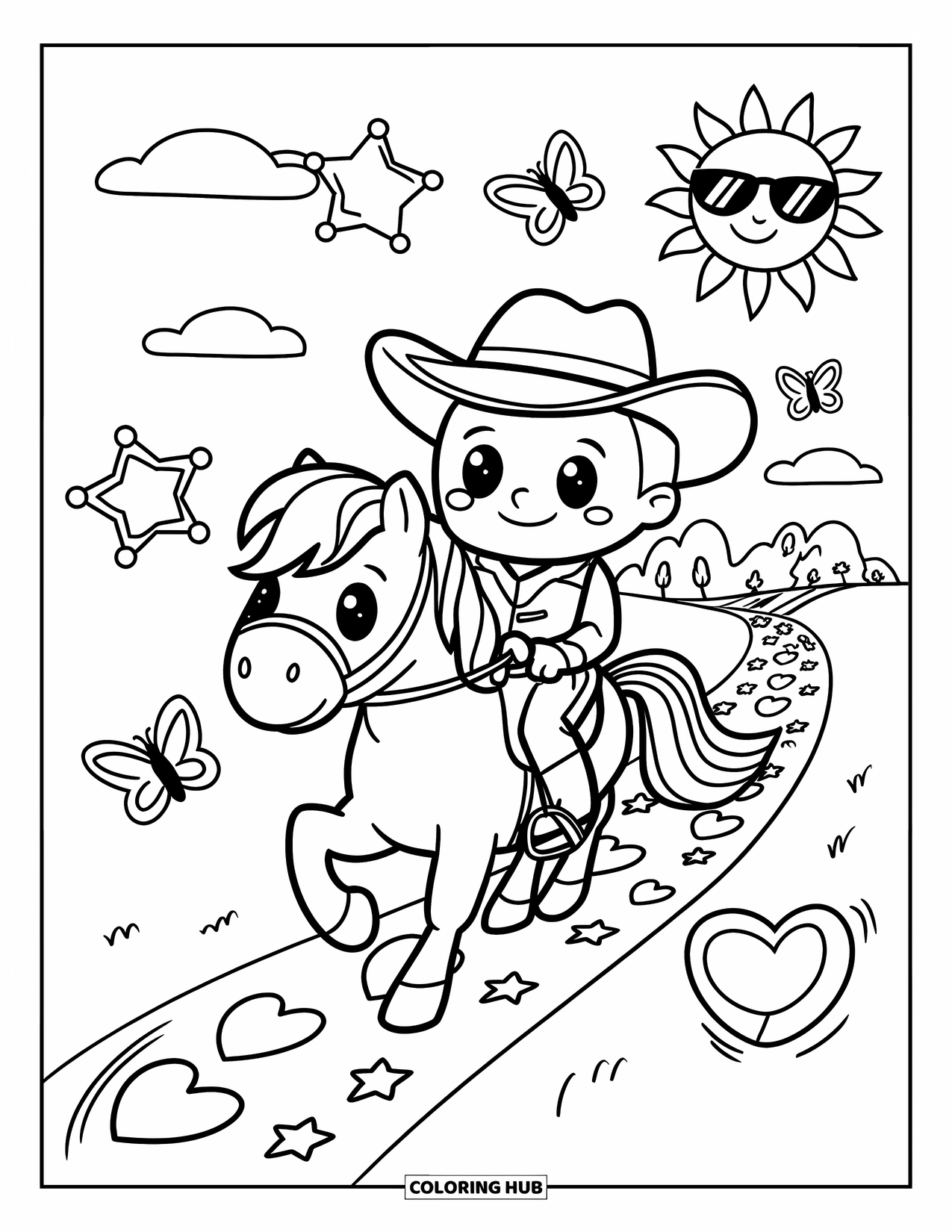 Cowboy Coloring Page for Adults: A friendly cowboy rides his pony down a heart-shaped trail with a smiling sun above