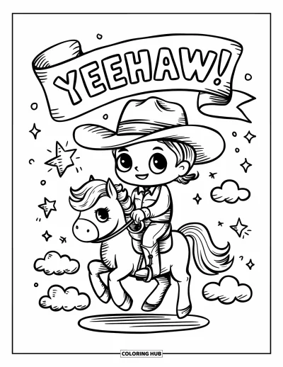 Coloriage de cowboys pour adultes : Un cowboy heureux sur un poney galope sous des nuages duveteux et une joyeuse banderole « Yeehaw ! »