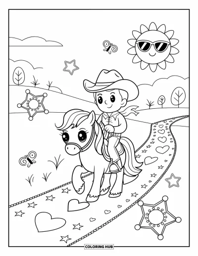 Coloriage de cowboys pour adultes : Un cowboy heureux chevauche son poney sur un chemin parsemé de cœurs et d'étoiles sous un soleil souriant