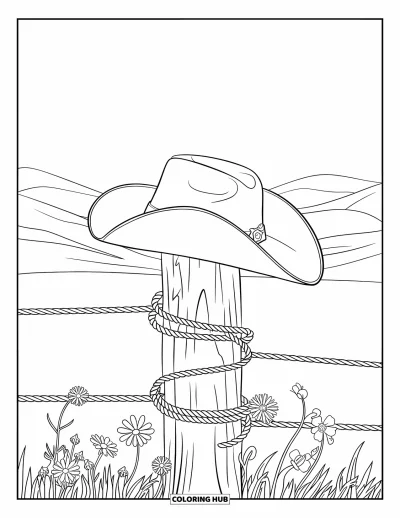 Coloriage de cowboys pour adultes : Un chapeau sur un poteau de clôture en bois est entouré de fleurs sauvages et de motifs de corde en spirale