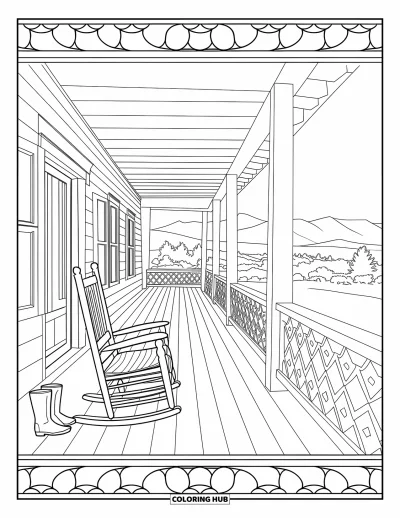 Coloriage de cowboys pour adultes : Un rocking-chair et des bottes reposent sur un porche de ranch encadré d'arbres lointains et de collines