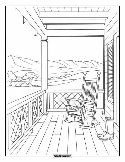 Coloriage de cowboys pour adultes : Un rocking-chair et des bottes reposent tranquillement sur le porche d'un ranch avec vue sur les montagnes