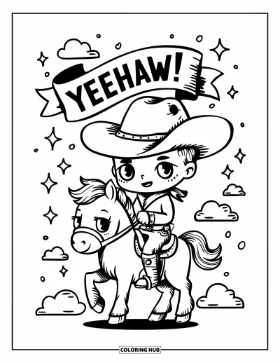 Coloriage de cowboys pour adultes : Un minuscule cowboy monte un poney avec des étoiles et des nuages autour d'une pancarte flottante « Yeehaw ! »