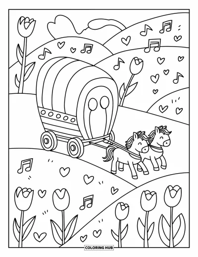 Coloriage de cowboys pour adultes : Un petit chariot avec un visage souriant roule sur des collines tiré par deux petits poneys