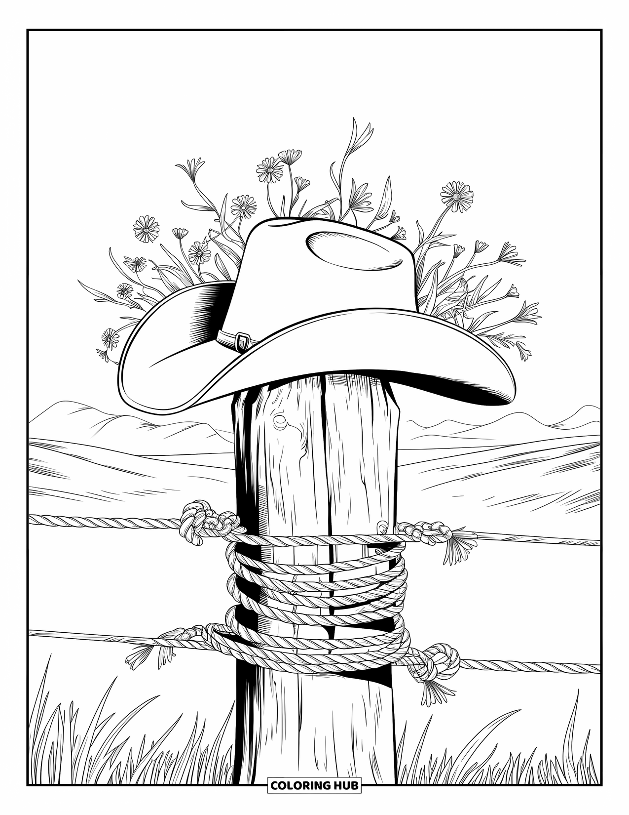 Cowboy Coloring Page for Adults: A weathered fence post holds a cowboy hat, framed by wildflowers and twisted rope