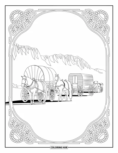 Coloriage de cowboys pour adultes : Une caravane western de chevaux et de chariots est encadrée de délicats motifs en filigrane