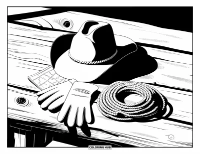 Coloriage de cowboys pour adultes : Un chapeau, des gants, une corde et une carte reposent sur une surface en bois aux riches détails