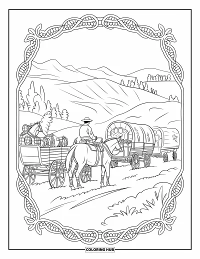Coloriage de cowboys pour adultes : Des chevaux et des chariots traversent des collines, encadrés par d'ornementaux motifs de style western