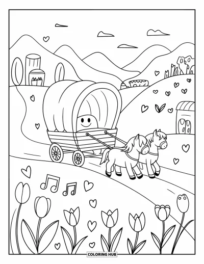 Coloriage de cowboys pour adultes : Deux poneys tirent un chariot souriant à travers des collines parsemées de tulipes, de cœurs et de notes de musique