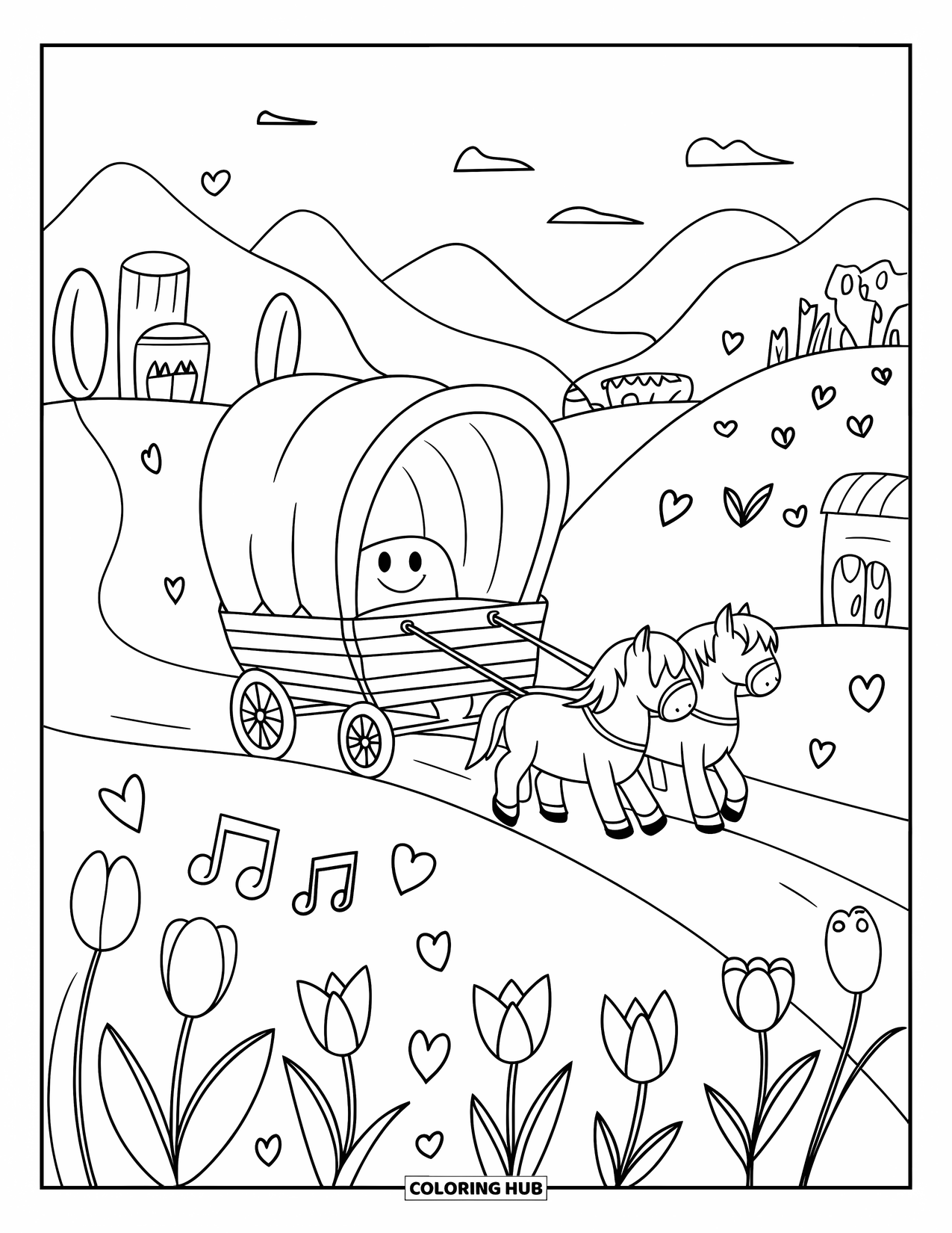 Cowboy Coloring Page for Adults: Two ponies pull a smiling wagon through hills dotted with tulips, hearts, and notes