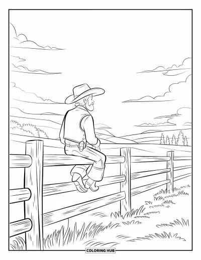 Coloriage de cowboys pour enfants : Un cowboy barbu se repose sur une clôture en contemplant le paisible coucher de soleil