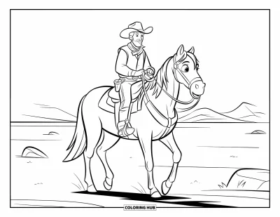 Coloriage de cowboys pour enfants : Un cowboy barbu traverse une étendue plate avec des rochers et des montagnes devant lui